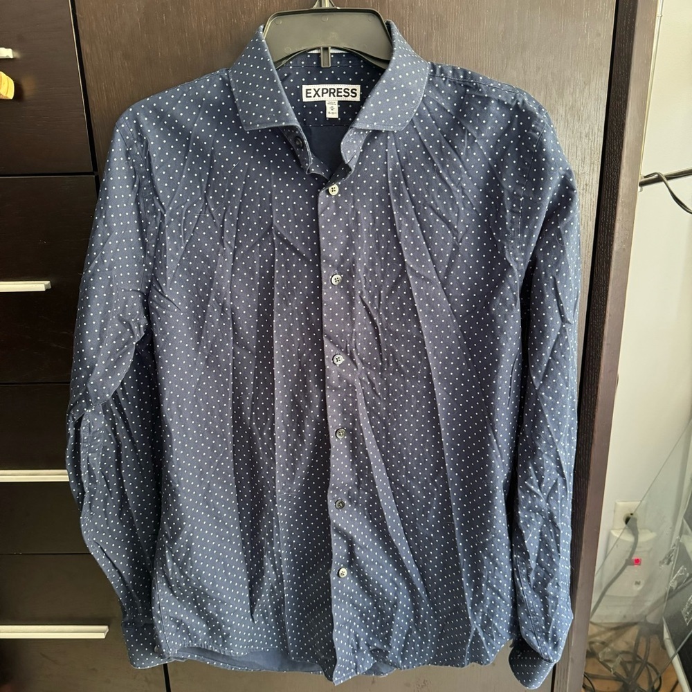 Men’s Express Extra Slim Dots Dress Shirt, Navy Blue - Picture 2 of 11